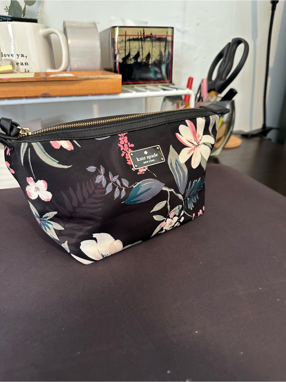 kate spade Black Floral Nylon Cosmetic Pouch with Pink & Cream Blooms